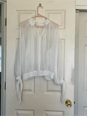 White Sheer Long-Sleeve Tie-Cuff Blouse